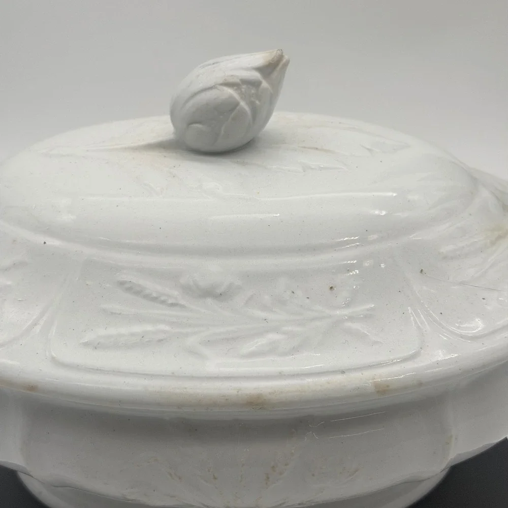 Vintage J Clementson Hanley White Ironstone Wheat Embossed Soup Tureen with Lid